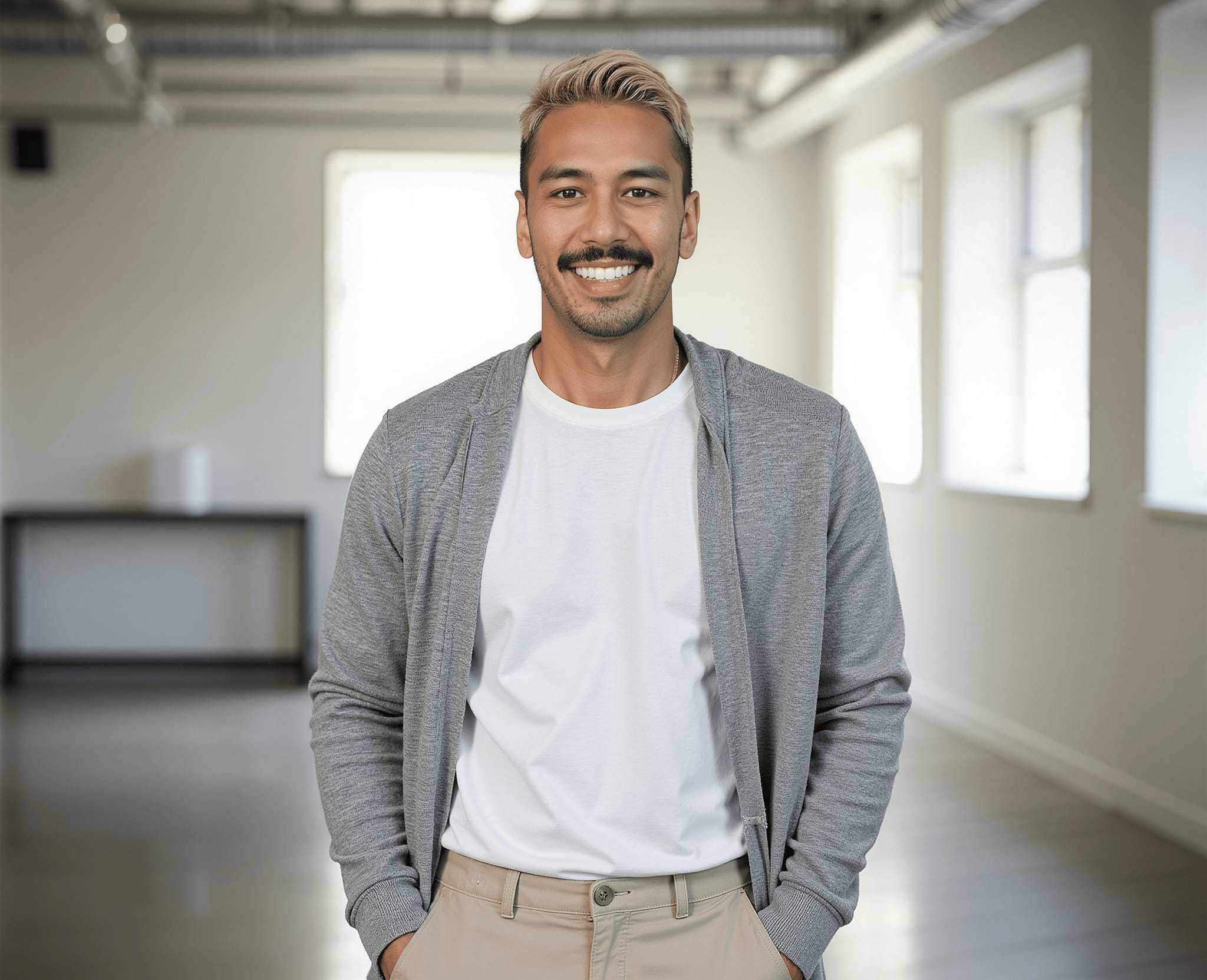 Shaun Pezeshki smiling in a bright studio